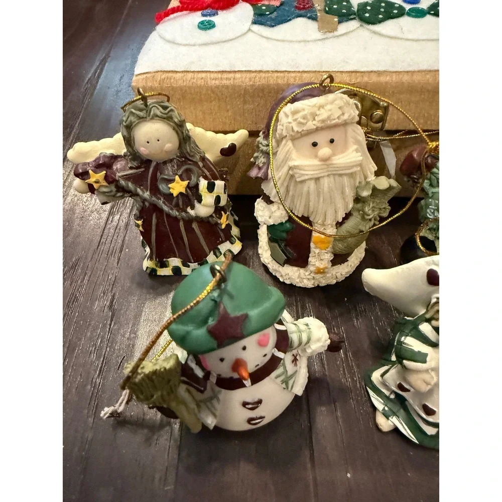 Holiday Treasures Ornament Set Snowman Angel Rustic Resin 5pc With Box Folk Art